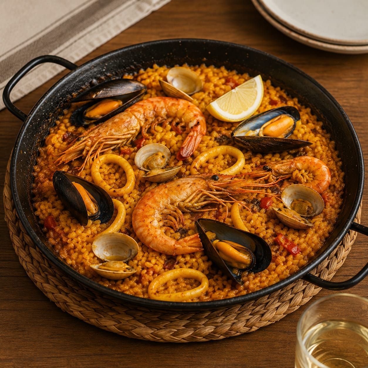 Paella de marisco recién hecha